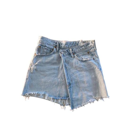 AGOLDE Skirt Womens 24 Blue Denim Mini Asymmetrical Distressed Frayed - Picture 4 of 7
